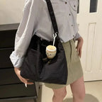 2024 Fashion Drawstring Shoulder Bag Travel Casual Nylon Tote Bag Large Capacity Waterproof Crossbody Bucket Bag Women black-with pendant