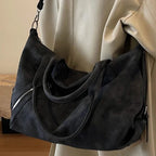 Black Large Handbag for Women Retro Nubuck Leather Serviceable Sweethearts Camp Travel Crossbody Bags Female Boston Shoulder Bag