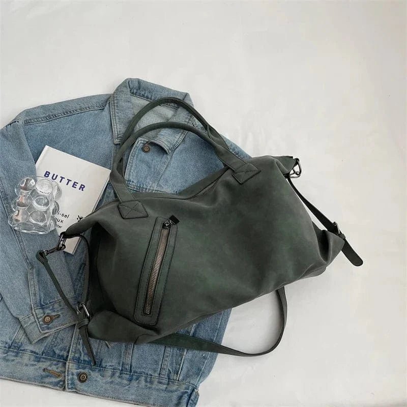 Black Large Handbag for Women Retro Nubuck Leather Serviceable Sweethearts Camp Travel Crossbody Bags Female Boston Shoulder Bag green