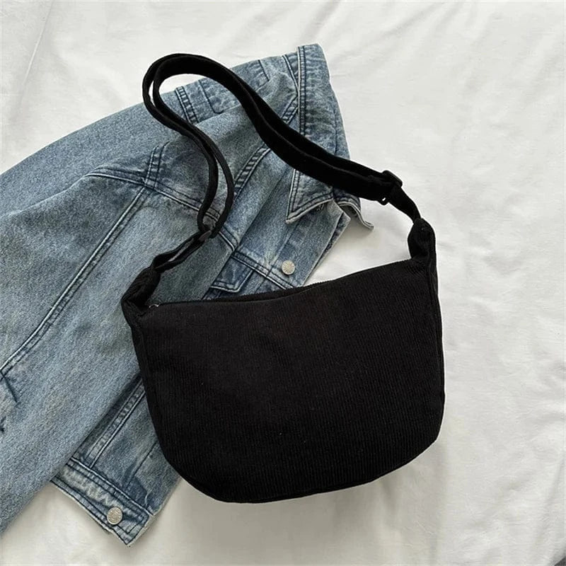 Corduroy Shoulder Bag Minimalist Crossbody Bag Women's Handbags Fashion Fabric Underarm Bag Solid Color Zipper Female Handbag black
