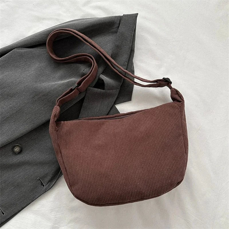 Corduroy Shoulder Bag Minimalist Crossbody Bag Women's Handbags Fashion Fabric Underarm Bag Solid Color Zipper Female Handbag Dark brown