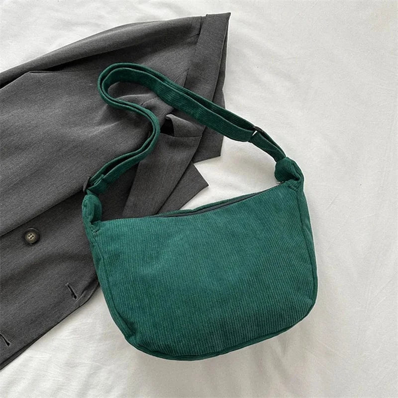 Corduroy Shoulder Bag Minimalist Crossbody Bag Women's Handbags Fashion Fabric Underarm Bag Solid Color Zipper Female Handbag Dark green