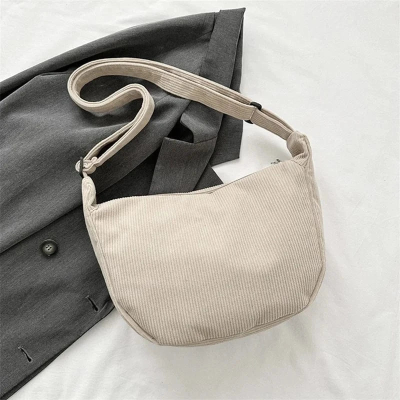 Corduroy Shoulder Bag Minimalist Crossbody Bag Women's Handbags Fashion Fabric Underarm Bag Solid Color Zipper Female Handbag Khaki color