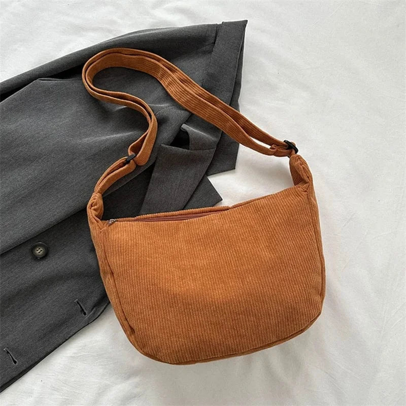 Corduroy Shoulder Bag Minimalist Crossbody Bag Women's Handbags Fashion Fabric Underarm Bag Solid Color Zipper Female Handbag Light brown
