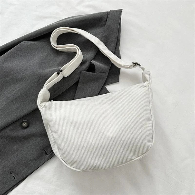 Corduroy Shoulder Bag Minimalist Crossbody Bag Women's Handbags Fashion Fabric Underarm Bag Solid Color Zipper Female Handbag white
