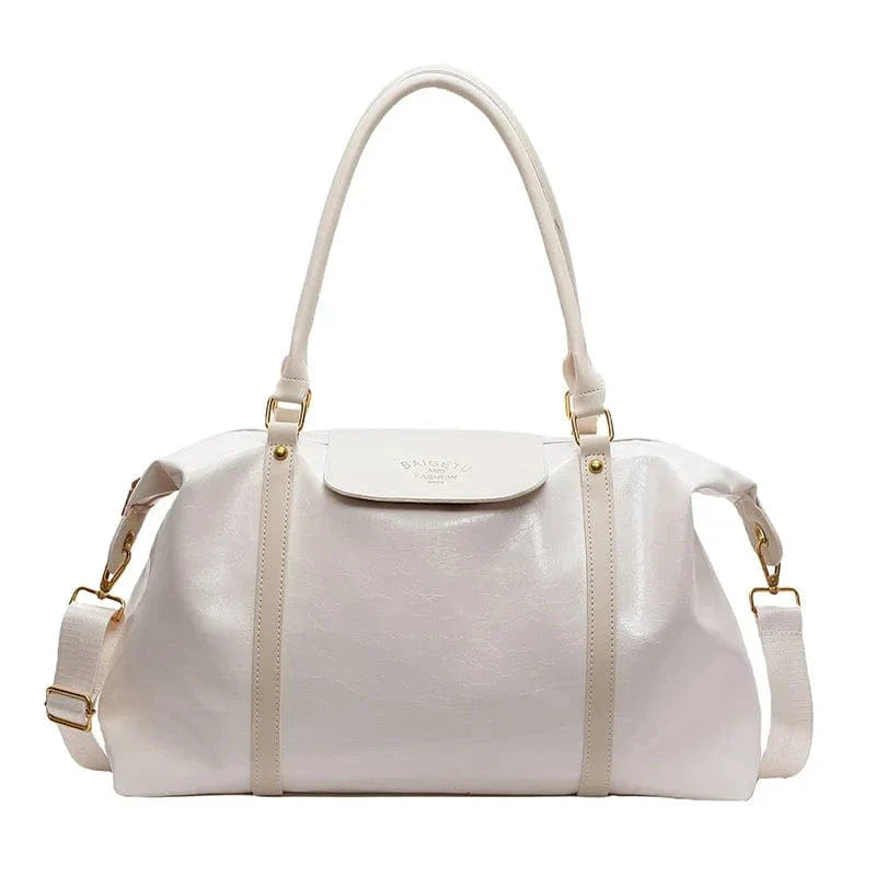 Fashion large capacity handbag Casual short trip travel bag Holiday gym tote bag, retro oil wax gloss PU leather crossbody bag Beige