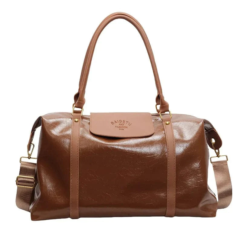 Fashion large capacity handbag Casual short trip travel bag Holiday gym tote bag, retro oil wax gloss PU leather crossbody bag Brown