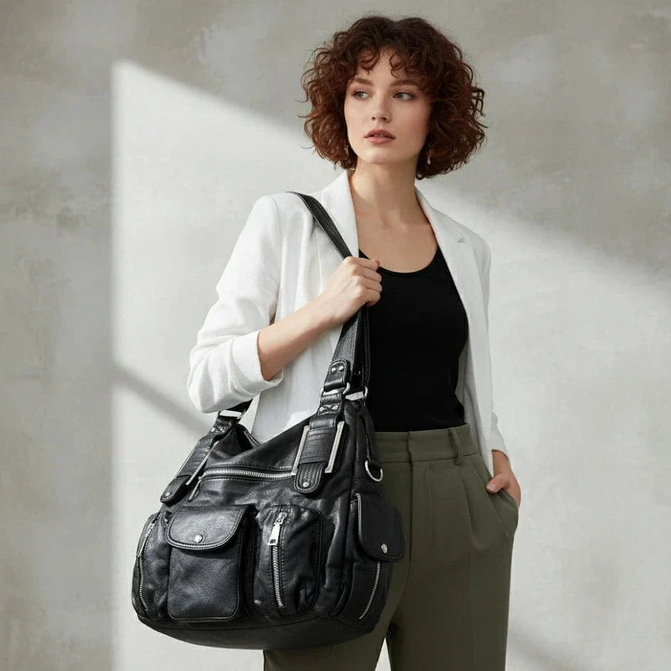 Grand sac bandoulière femme cuir vegan - L'Écliptique Noir
