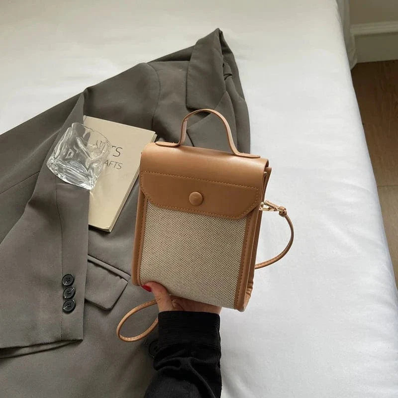 Mini Flap Phone Bags For Women Woven Cloth Fabric Casual Street Shoulder Crossbody Bag 2025 Latest Lightweight Small Phone Pouch Khaki / 14x18x6cm