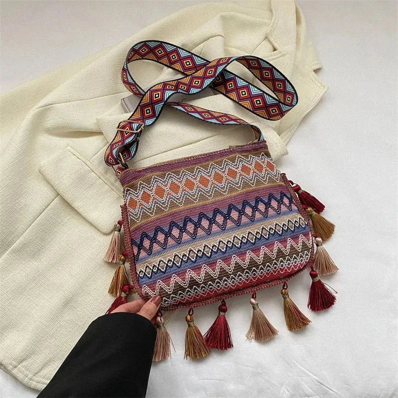 Sac bandoulière bohème à pompons Café