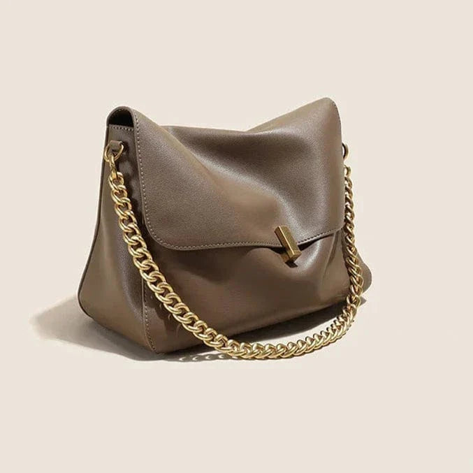 Sac bandoulière chaîne doré taupe en cuir Khaki