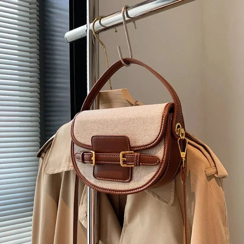 Sac bandoulière demi-lune en toile et cuir Marron