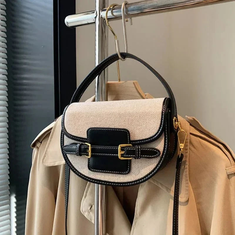 Sac bandoulière demi-lune en toile et cuir Noir