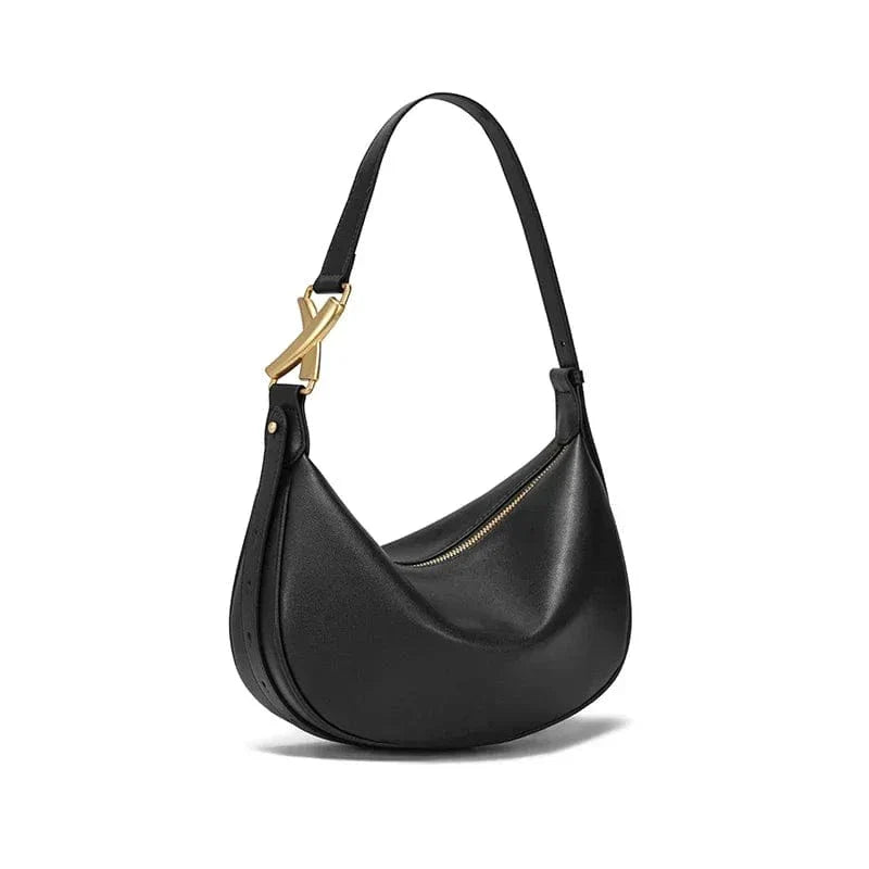 Sac bandoulière demie lune en cuir lisse Noir