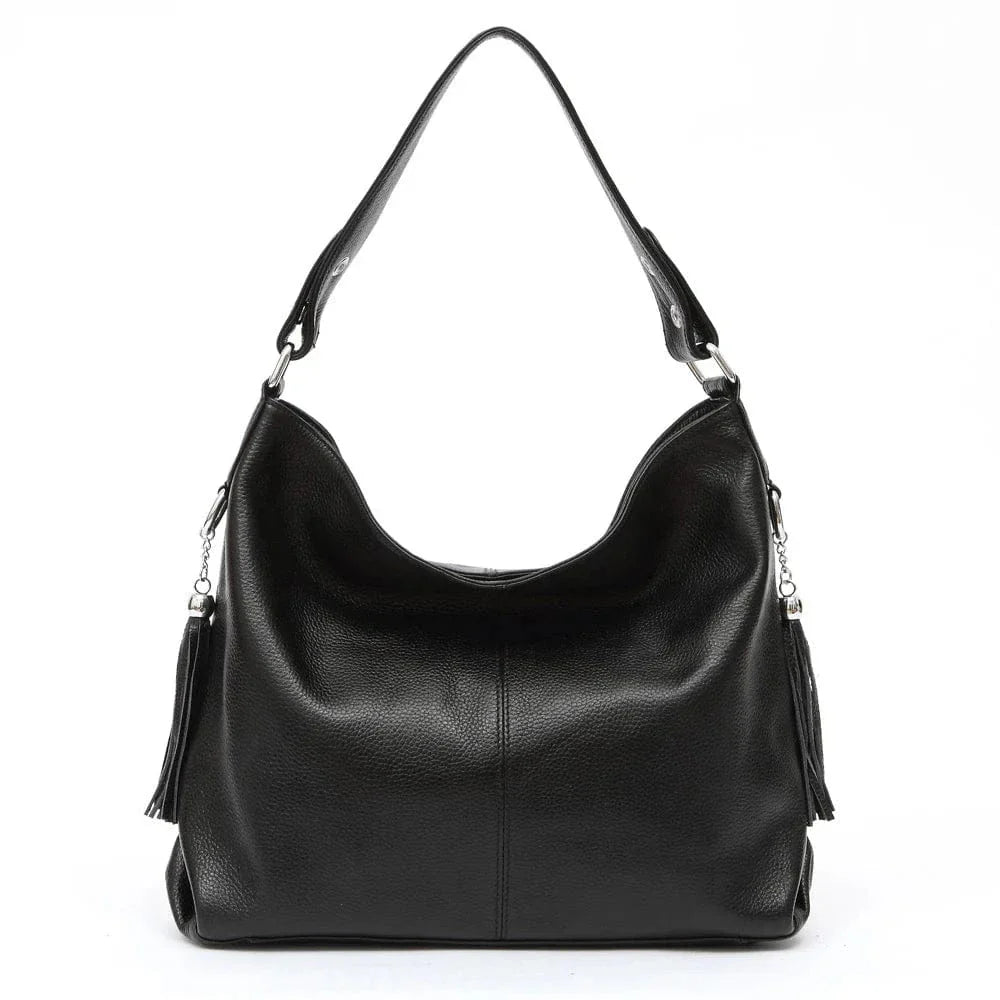 Sac bandoulière double pompon en cuir Noir