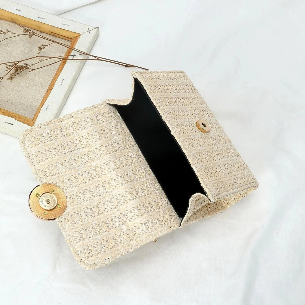 Sac bandoulière en paille tressée avec chaîne dorée Blanc