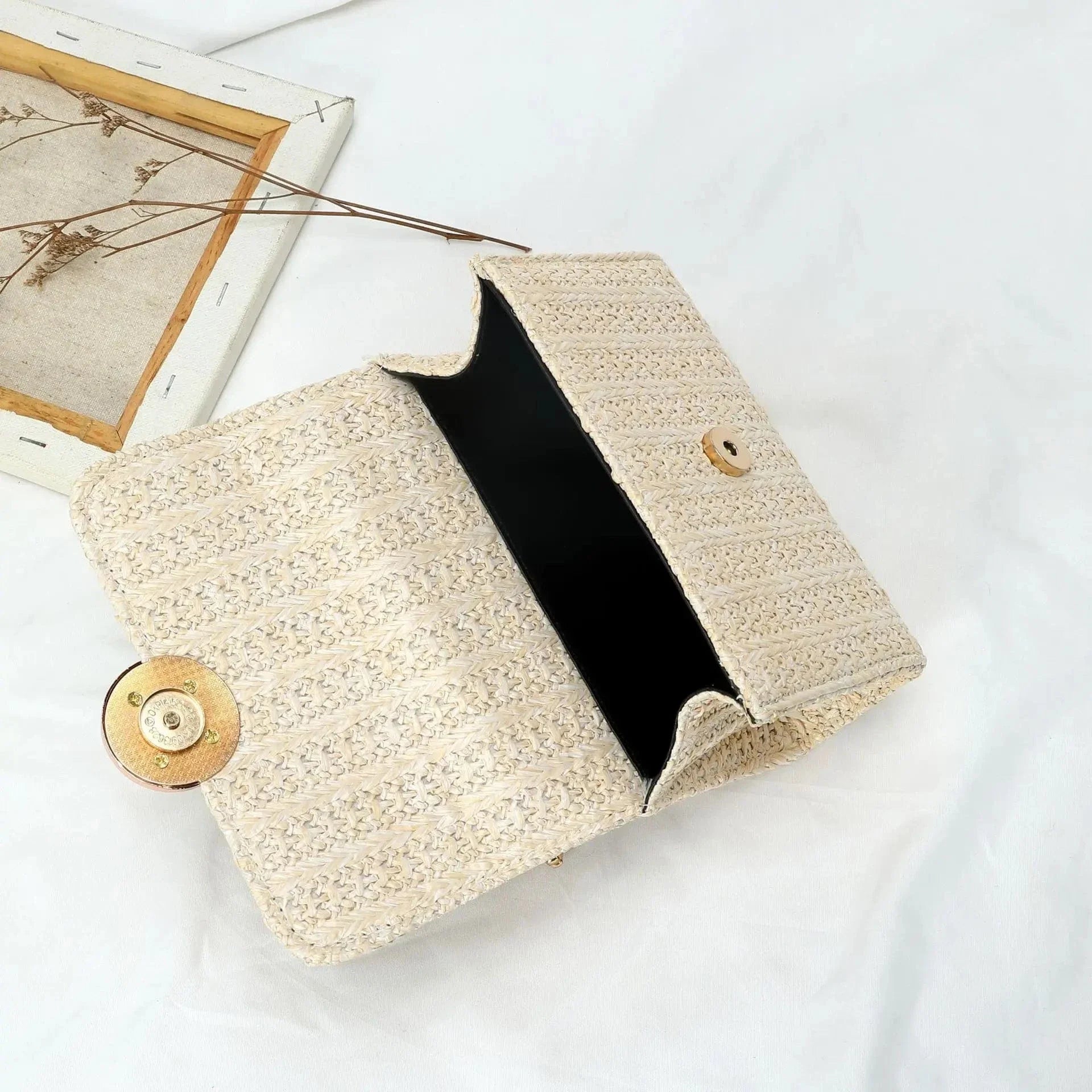 Sac bandoulière en paille tressée avec chaîne dorée Blanc