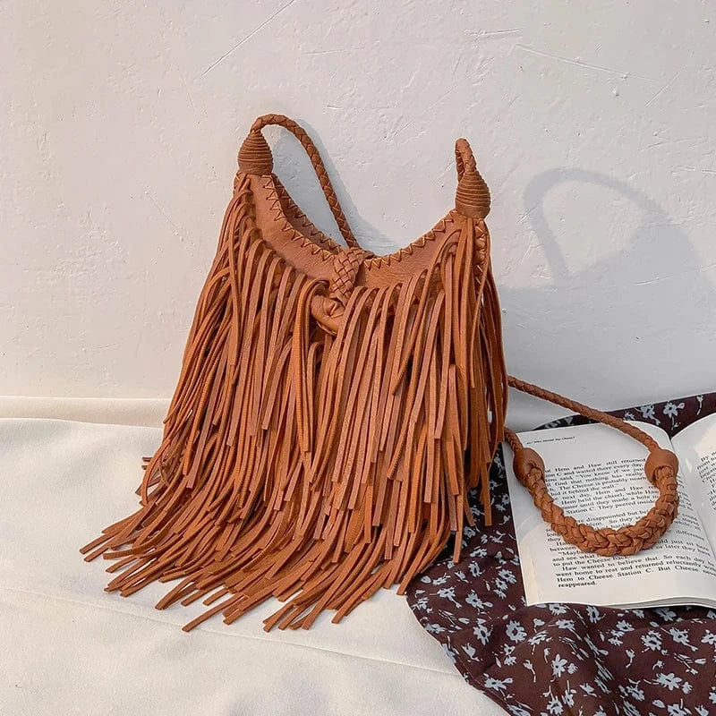 Sac bandoulière hérisson à frange en cuir vegan Marron