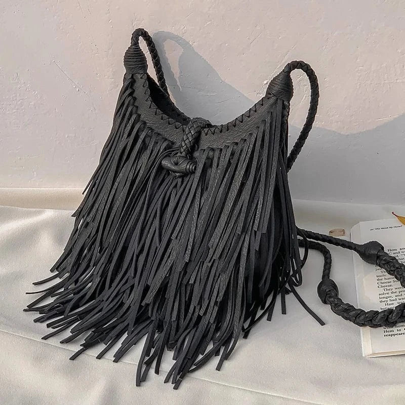 Sac bandoulière hérisson à frange en cuir vegan Noir