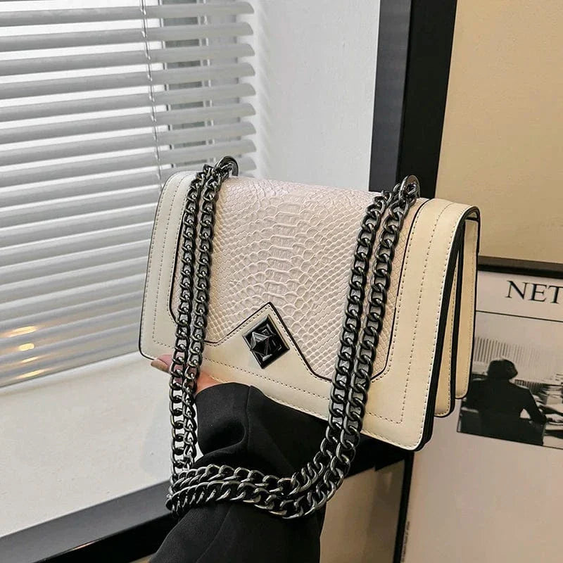 Sac bandoulière imitation croco avec chaîne Blanc