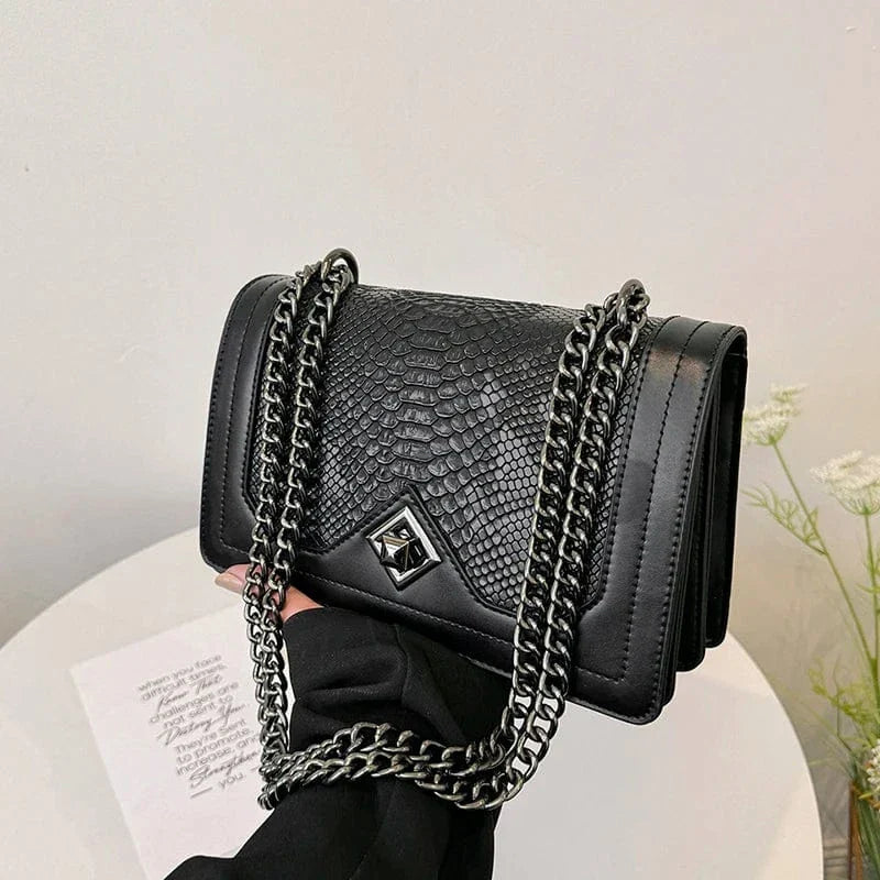Sac bandoulière imitation croco avec chaîne Noir