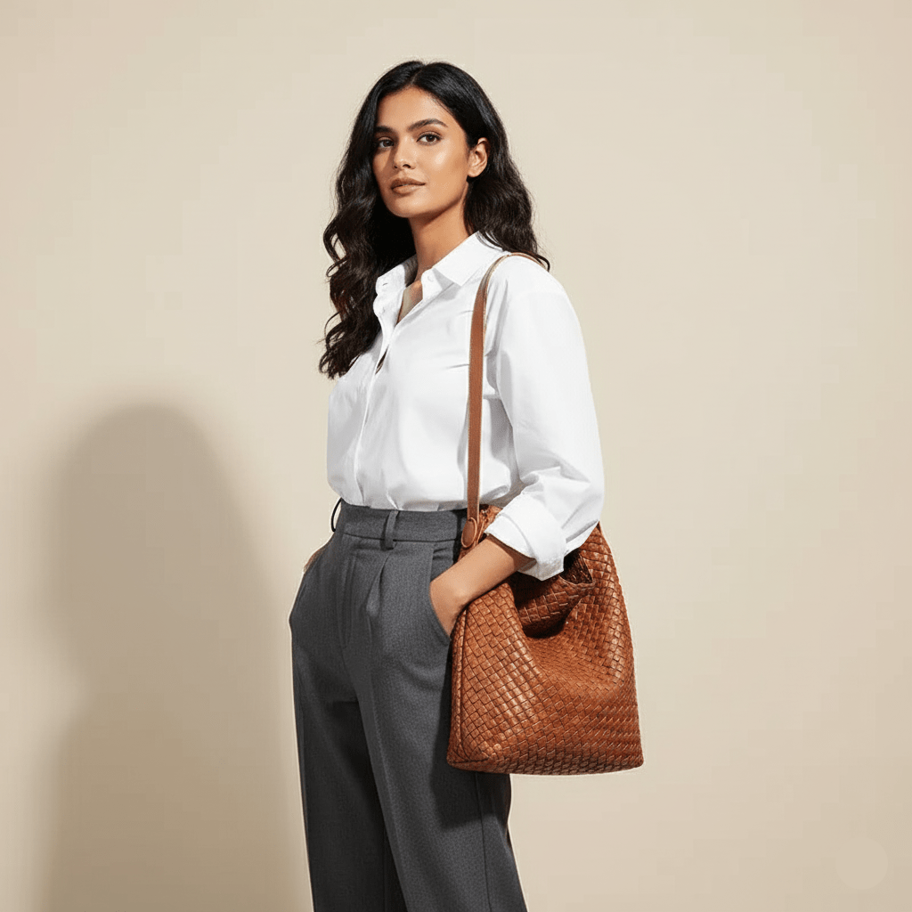 Sac seau tressé cuir