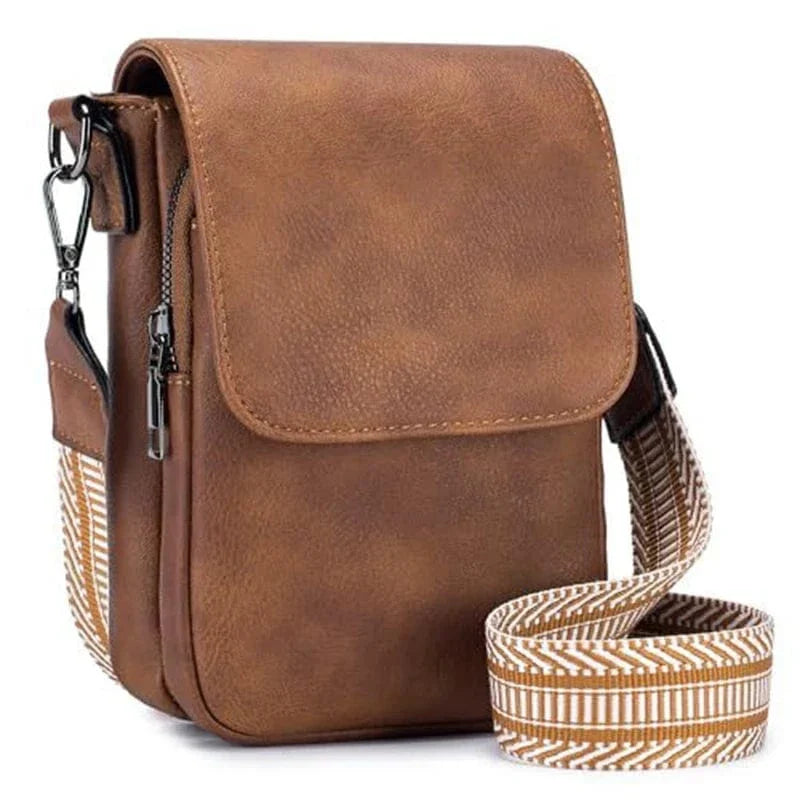 Vintage Crossbody Bag for Women Adjustable Wide Strap Multi-Zipper Compartments with Subtle Print Large Women's Shoulder Bag Brown