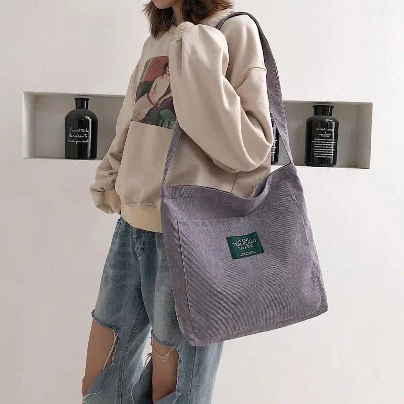 Women Corduroy Shoulder Bag Female Canvas Crossbody Purse Simple Cloth Fabric Handbag Tote Solid Zipper Messenger Bags For Girls GRAY