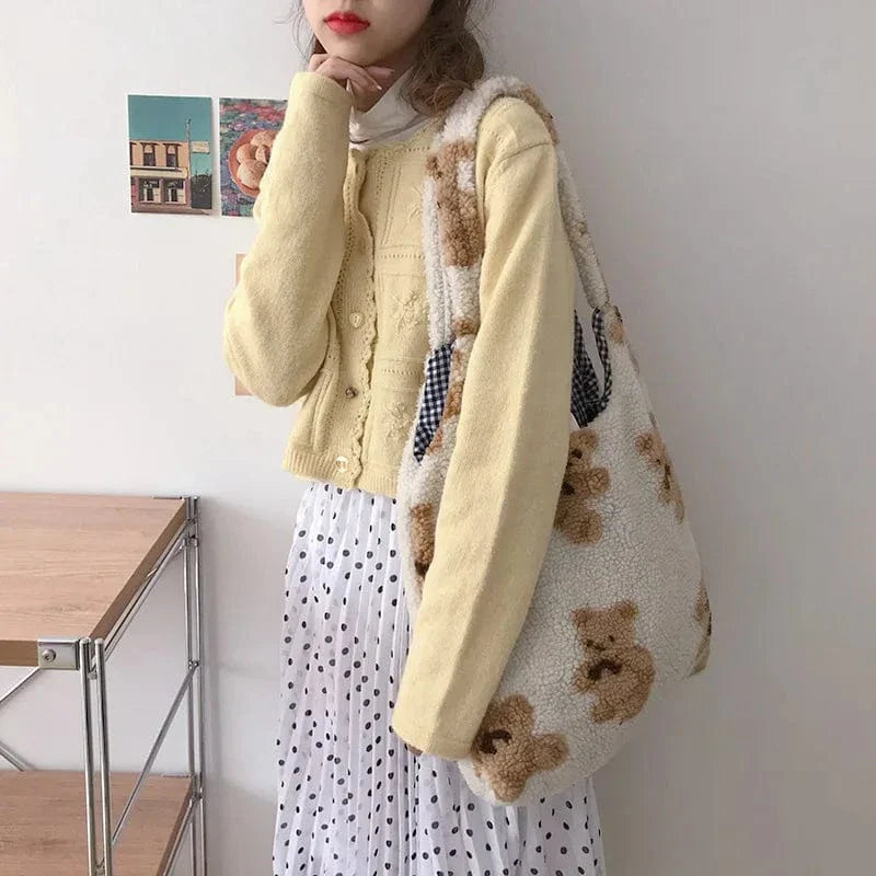 Women Plush Shoulder Bag Warm Cloth Fabric Handbag Soft Canvas Tote Large Capacity Shopping Bags Cute Bear Book Bags For Ladies