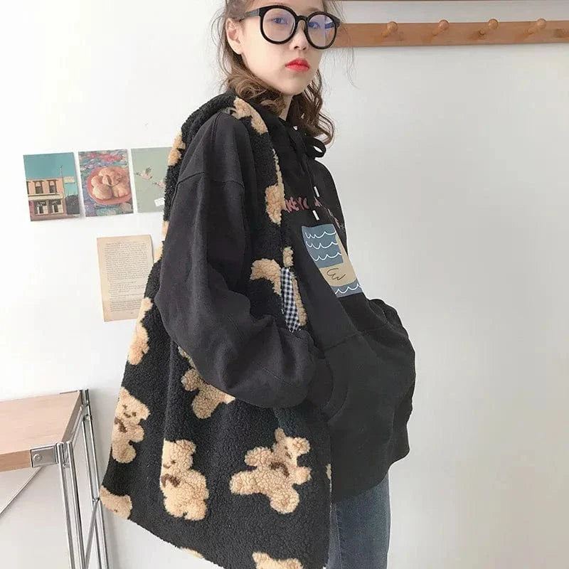 Women Plush Shoulder Bag Warm Cloth Fabric Handbag Soft Canvas Tote Large Capacity Shopping Bags Cute Bear Book Bags For Ladies