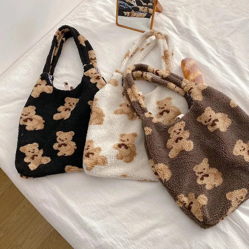 Women Plush Shoulder Bag Warm Cloth Fabric Handbag Soft Canvas Tote Large Capacity Shopping Bags Cute Bear Book Bags For Ladies