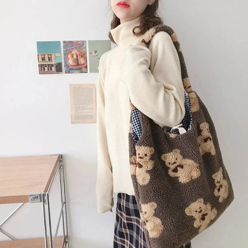 Women Plush Shoulder Bag Warm Cloth Fabric Handbag Soft Canvas Tote Large Capacity Shopping Bags Cute Bear Book Bags For Ladies